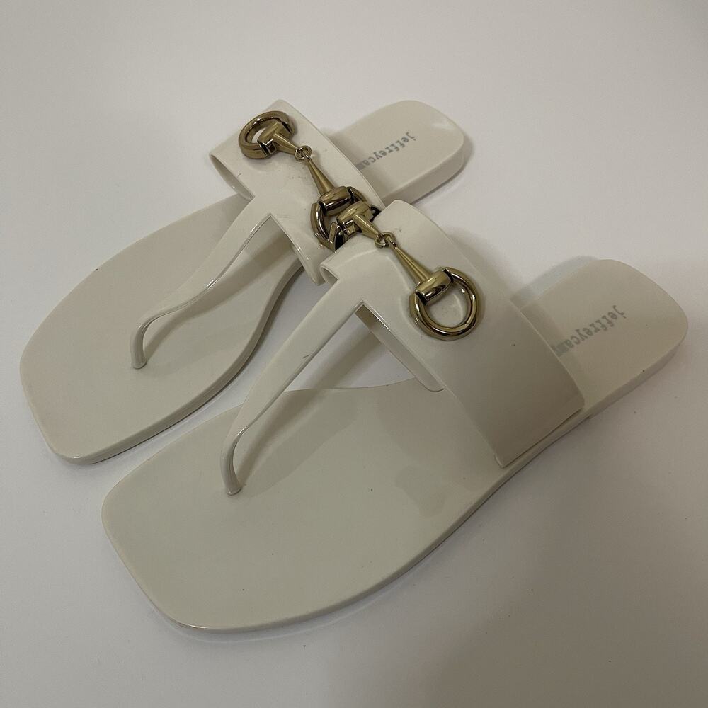 Jeffrey Campbell A Lil Bit Cream Shiny Slip On Open Toe Flat Thong Sandals US 8